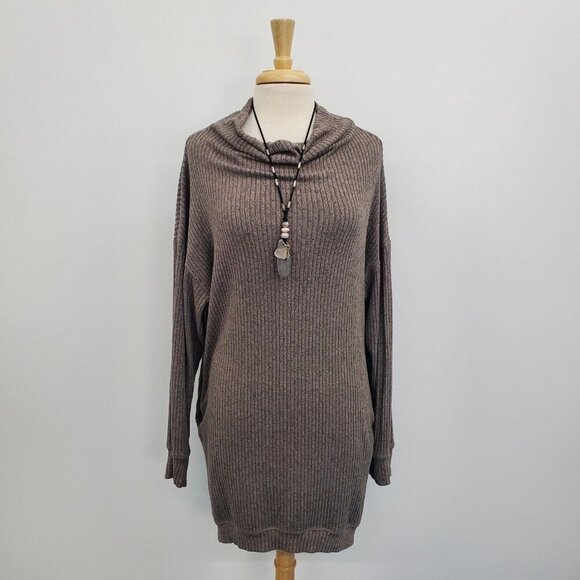 Lush Dresses & Skirts - Lush Ribbed Knit Taupe Marled Cowl Neck Sweater Dress Womens Size M Long Sleeve